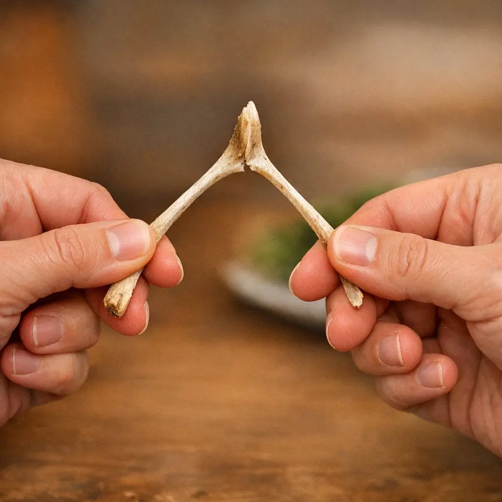 hands pulling apart a wishbone in the traditional breaking ritual