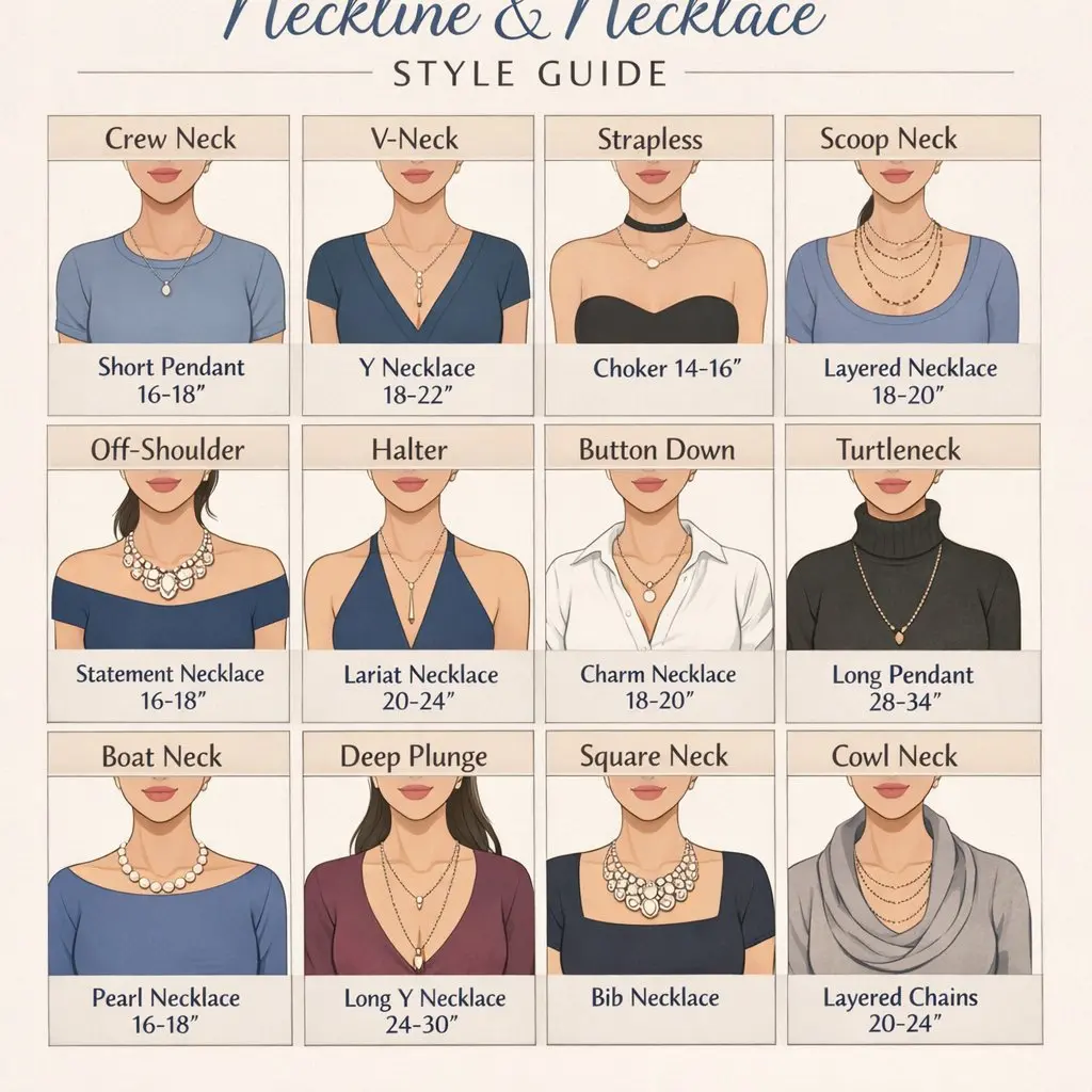 Style guide showing different necklines paired with complementary necklace styles and lengths