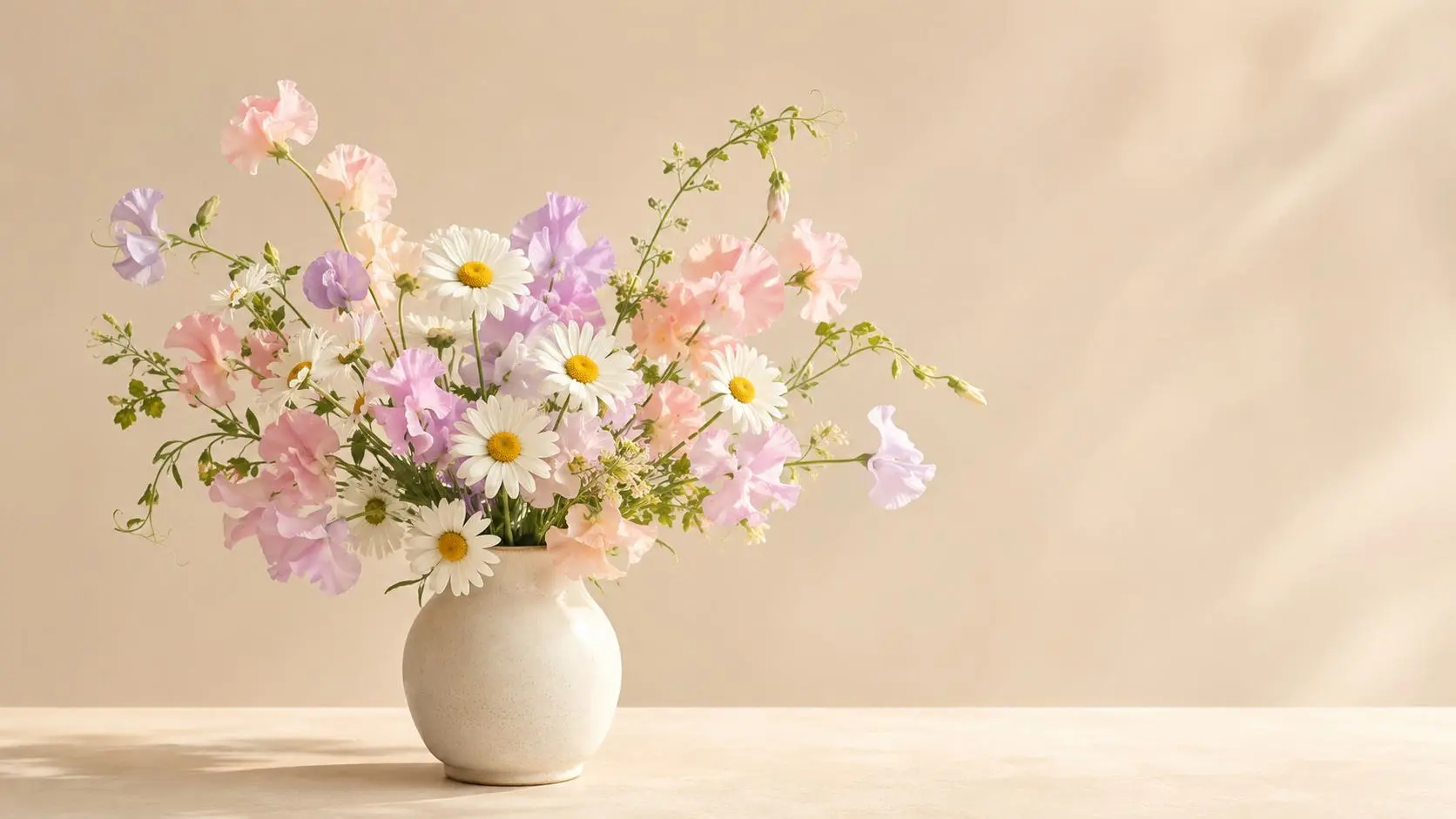 April birth flowers: white daisies and pastel sweet peas