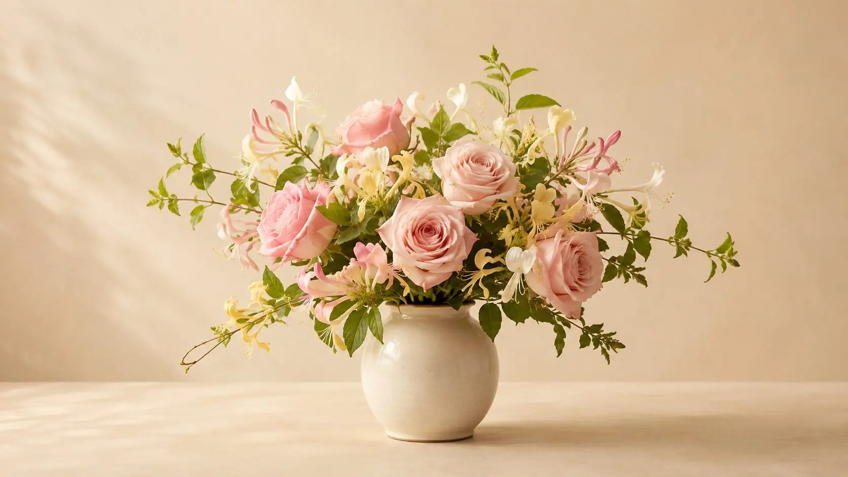 June birth flowers: red roses and trailing honeysuckle