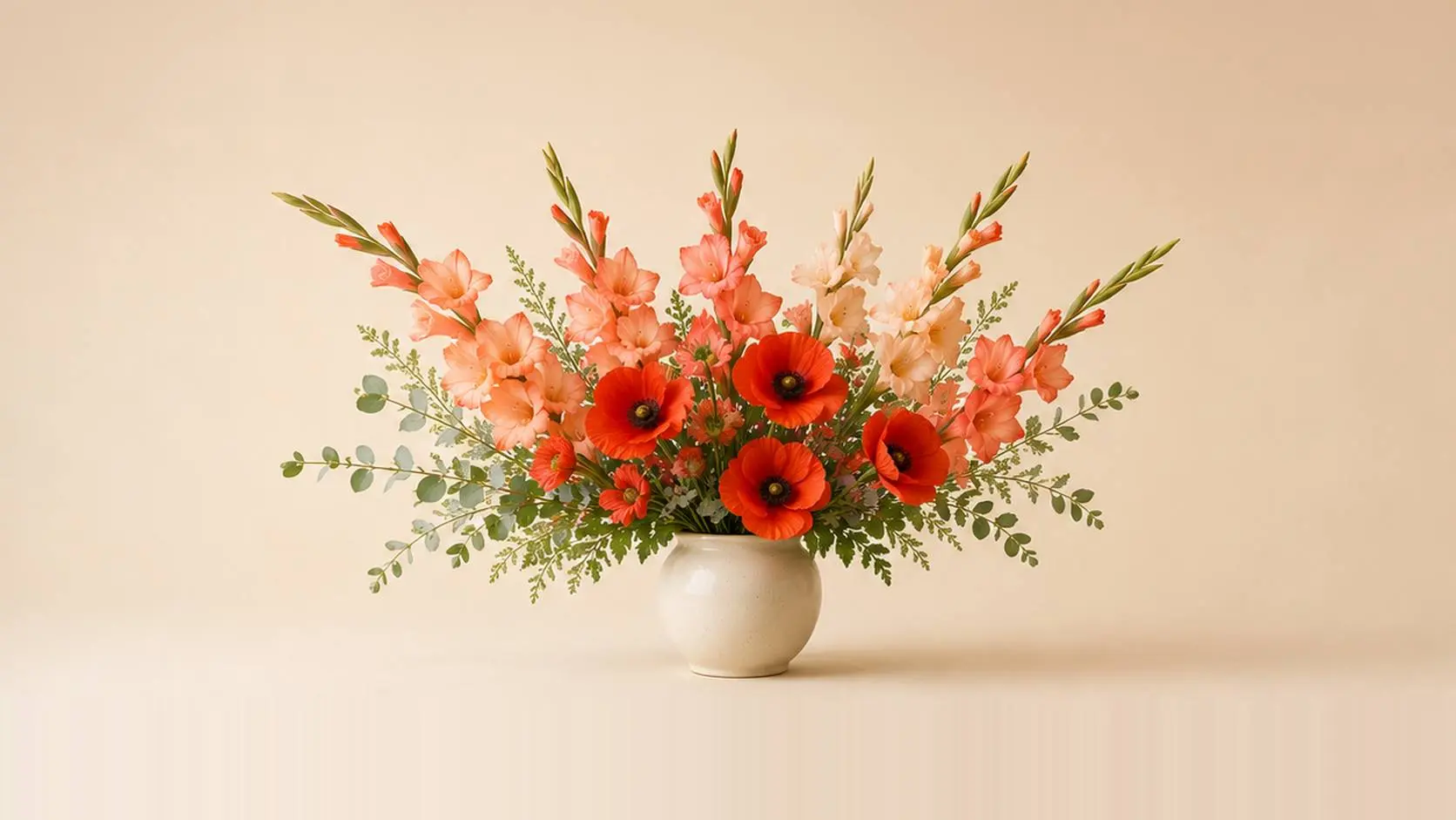 August birth flowers: tall gladiolus spikes and red poppies