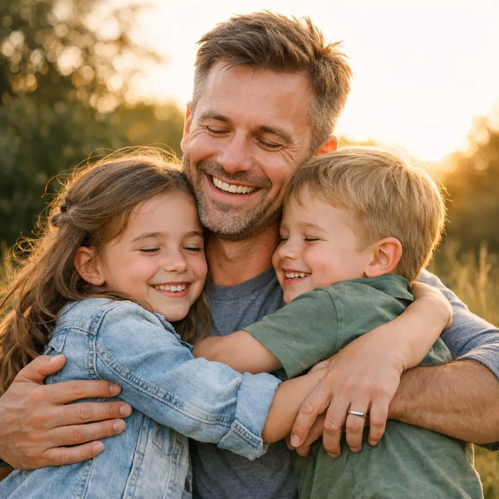 Happy father embracing his children outdoors, showing the loving bond between parent and kids that personalized jewelry celebrates