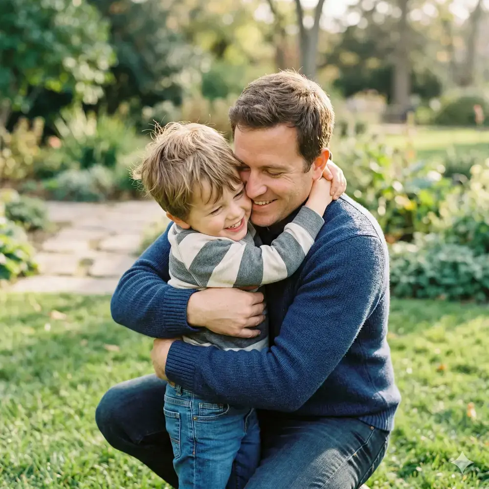 Happy father embracing his children outdoors, showing the loving bond between parent and kids that personalized jewelry celebrates