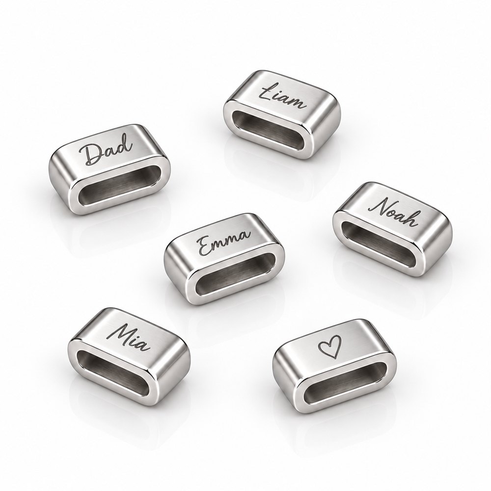 Engraved stainless steel name charms for the dad bracelet