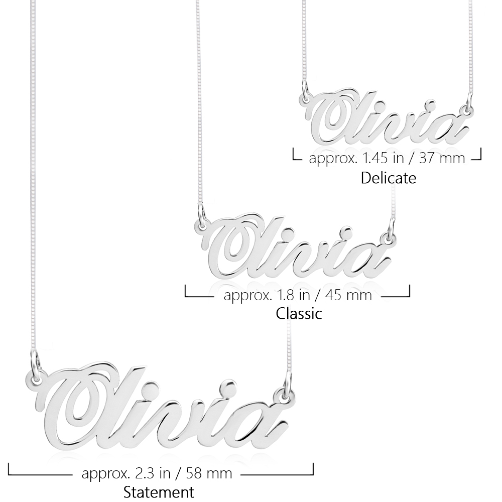 The three sizes of the Classic Name Necklace side by side