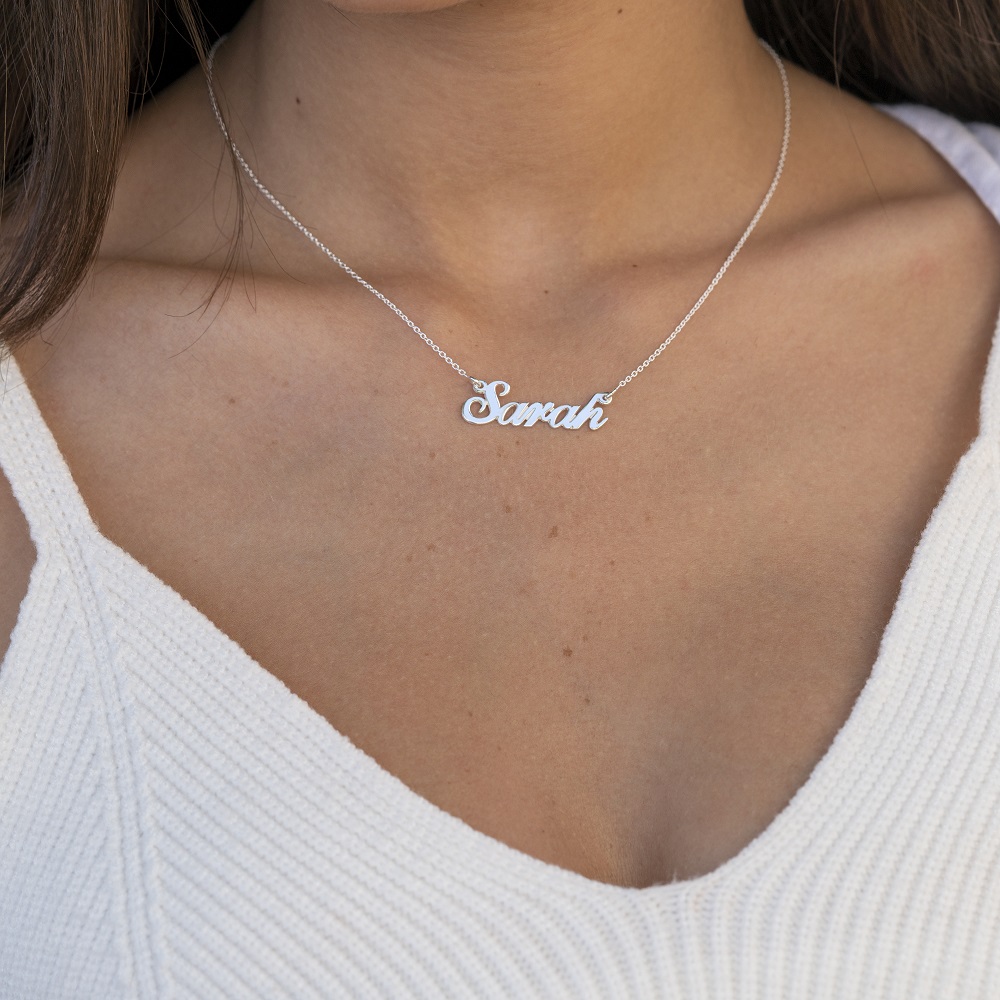 Classic Name Necklace worn with a white top