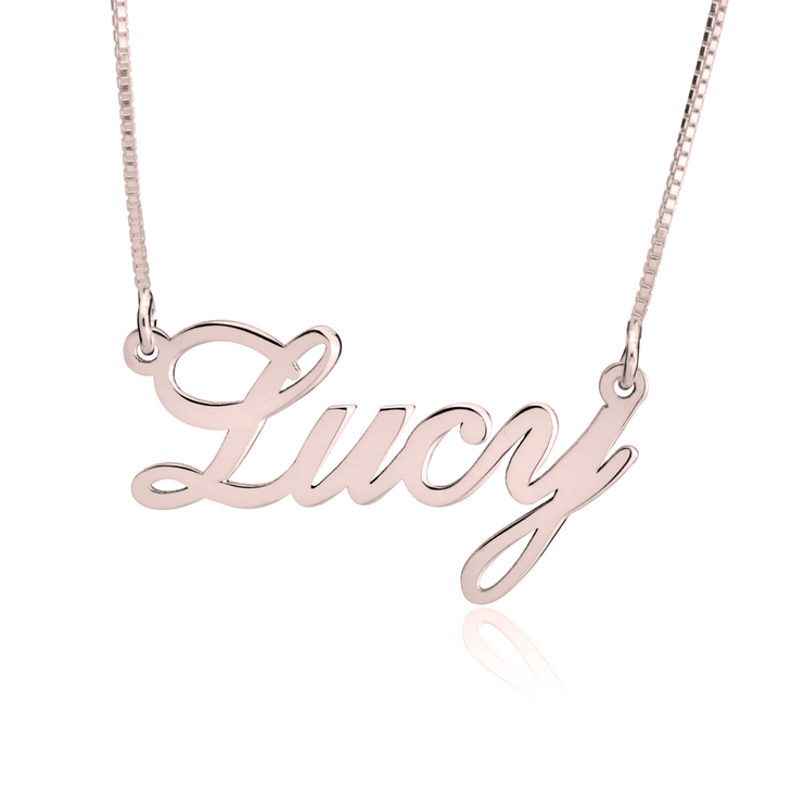 Rose gold personalized name necklace with Lucy in cursive lettering