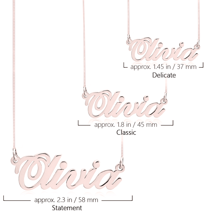Rose gold name necklace size guide showing delicate, classic, and statement measurements