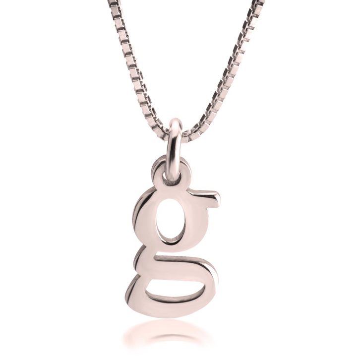 Rose gold lowercase letter g initial necklace featuring a box chain