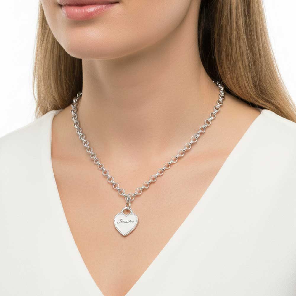 Engraved Heart Necklace with Cubic Zirconia
