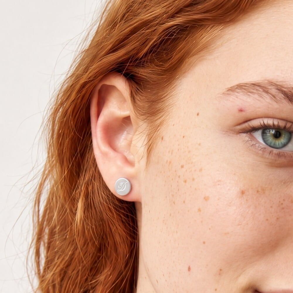 Modèle arborant des boucles d'oreilles initiales, mettant en valeur son style