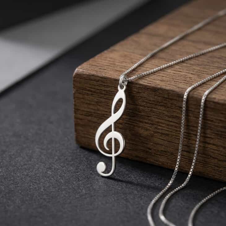 Close-up of treble clef necklace on wooden display with elegant chain