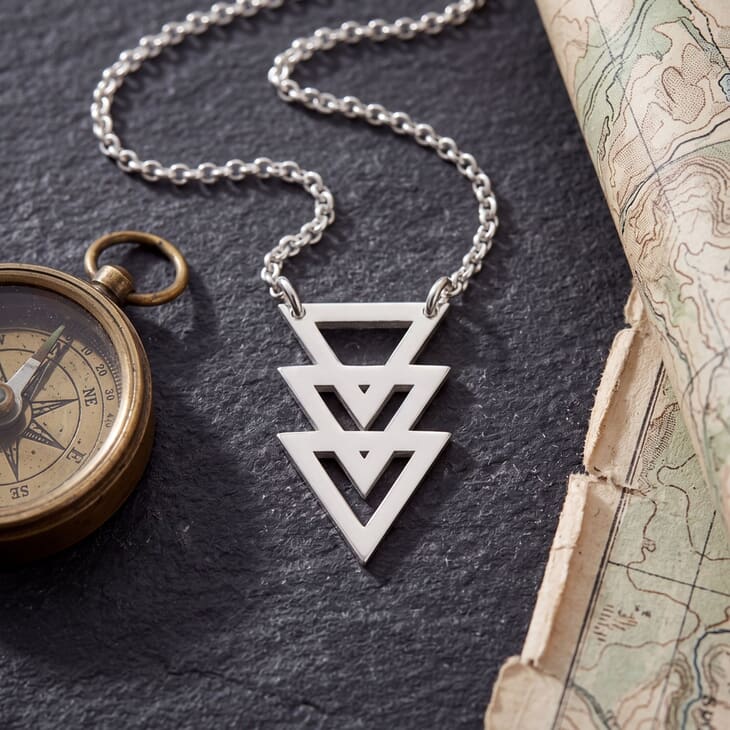 Collier Triple Triangle en gros plan avec une boussole ancienne