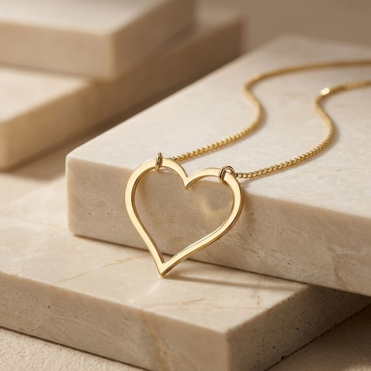 Sideways Heart Necklace displayed on textured stone background