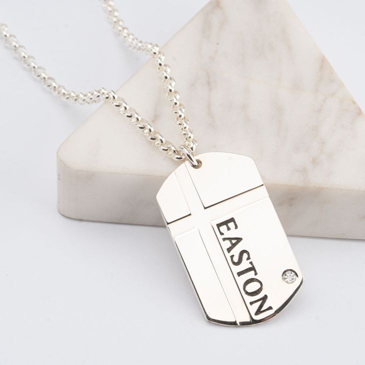 Mens Cross Dog Tag Necklace with Cubic Zirconia information
