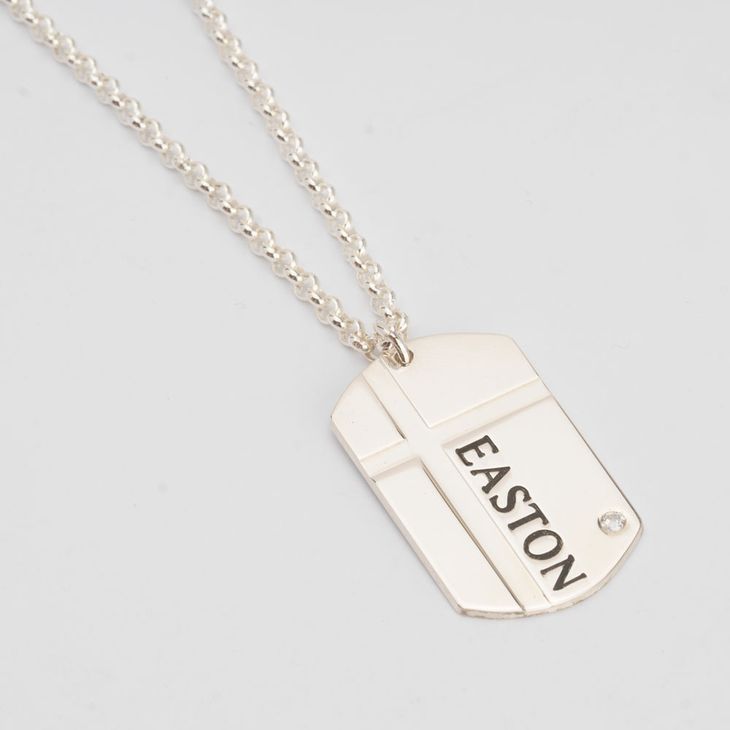 Mens Cross Dog Tag Necklace with Cubic Zirconia information