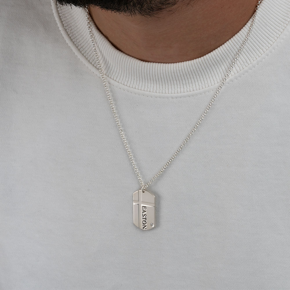 Collar de Cruz - Placa de Identificación con Zirconia para Hombre
