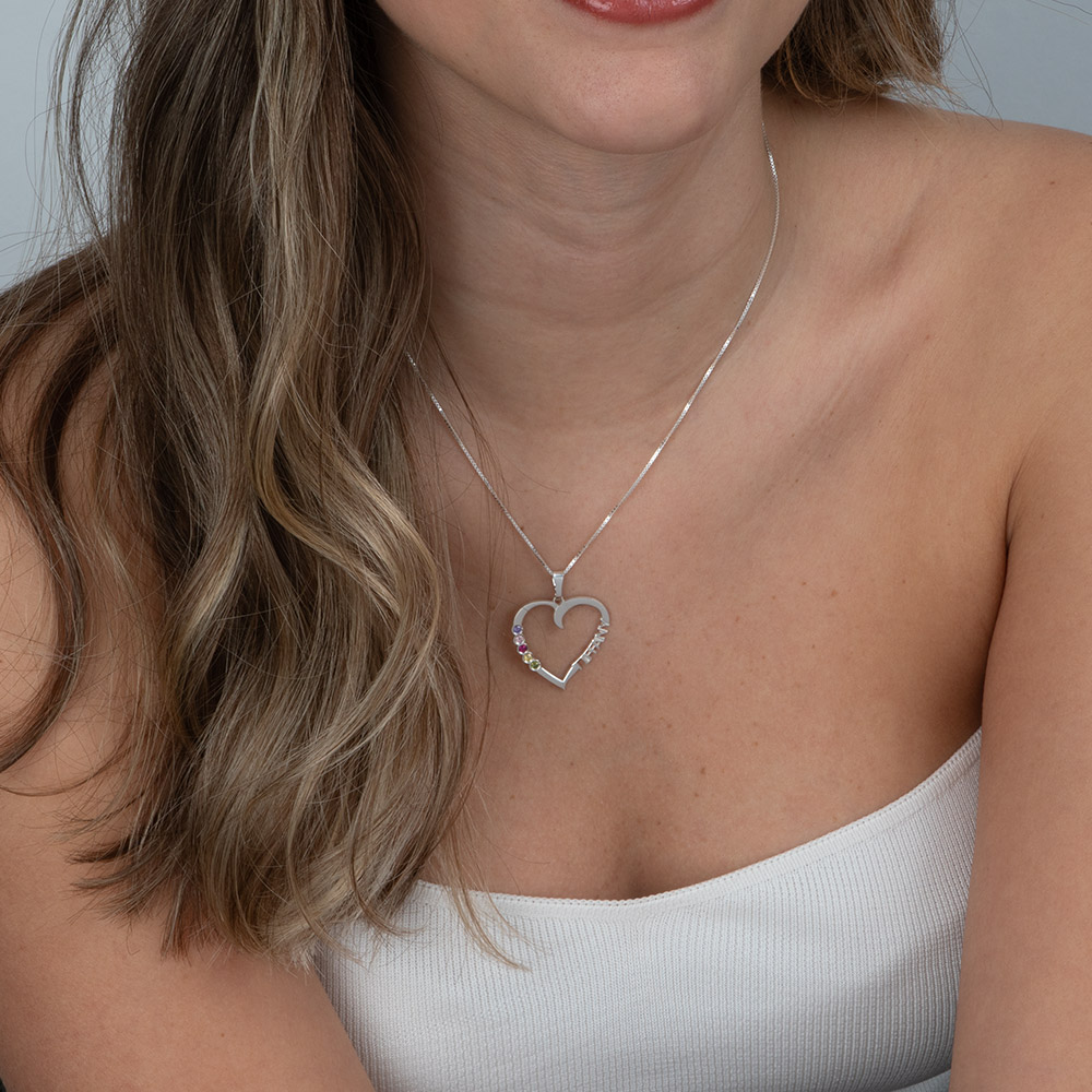 Collar De Corazón Con Nombre Y Piedras De Nacimiento