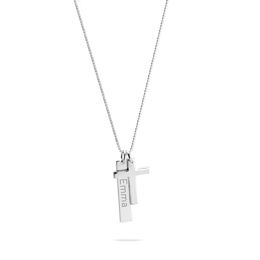 Engraved Bar Necklace with Cross
