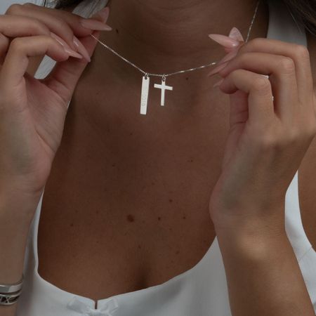Engraved Bar Necklace with Cross