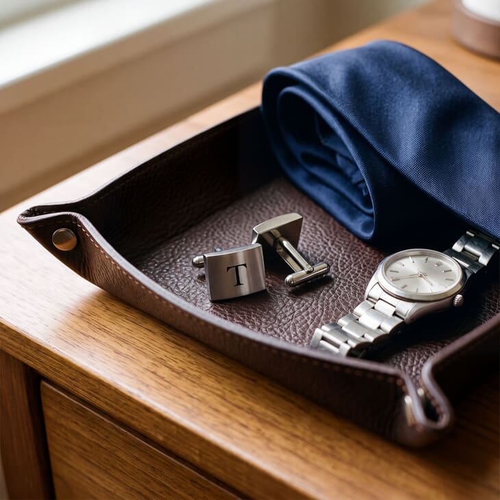 Matte cufflinks displayed with a navy pocket square and watch on a tray