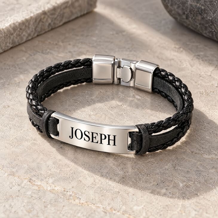 Gros plan sur un bracelet en cuir personnalisé avec des lanières tressées et le prénom JOSEPH