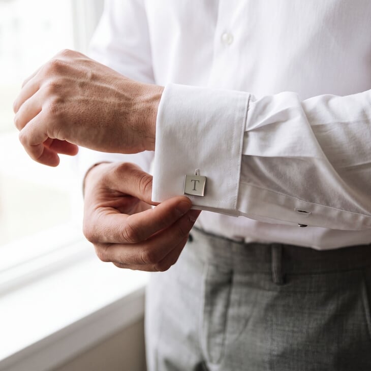 Square Engraved Cufflinks with a custom initial displayed on a white dress shirt