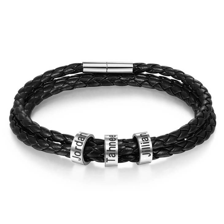 Personalized Engraved Leather Bracelet For Men - Braided With Sterling Silver Charm - Dad Gift