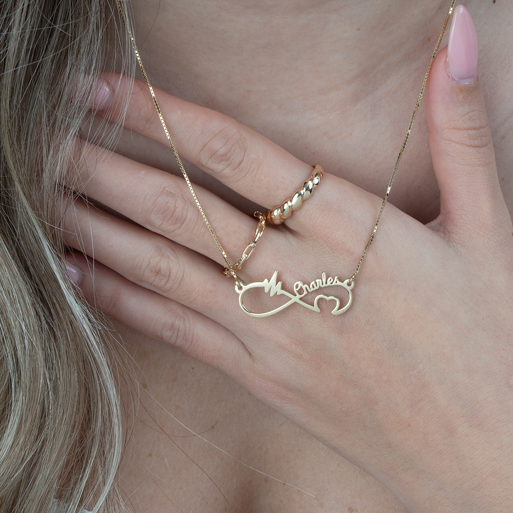 Personalised Infinity Heartbeat Necklace on a model
