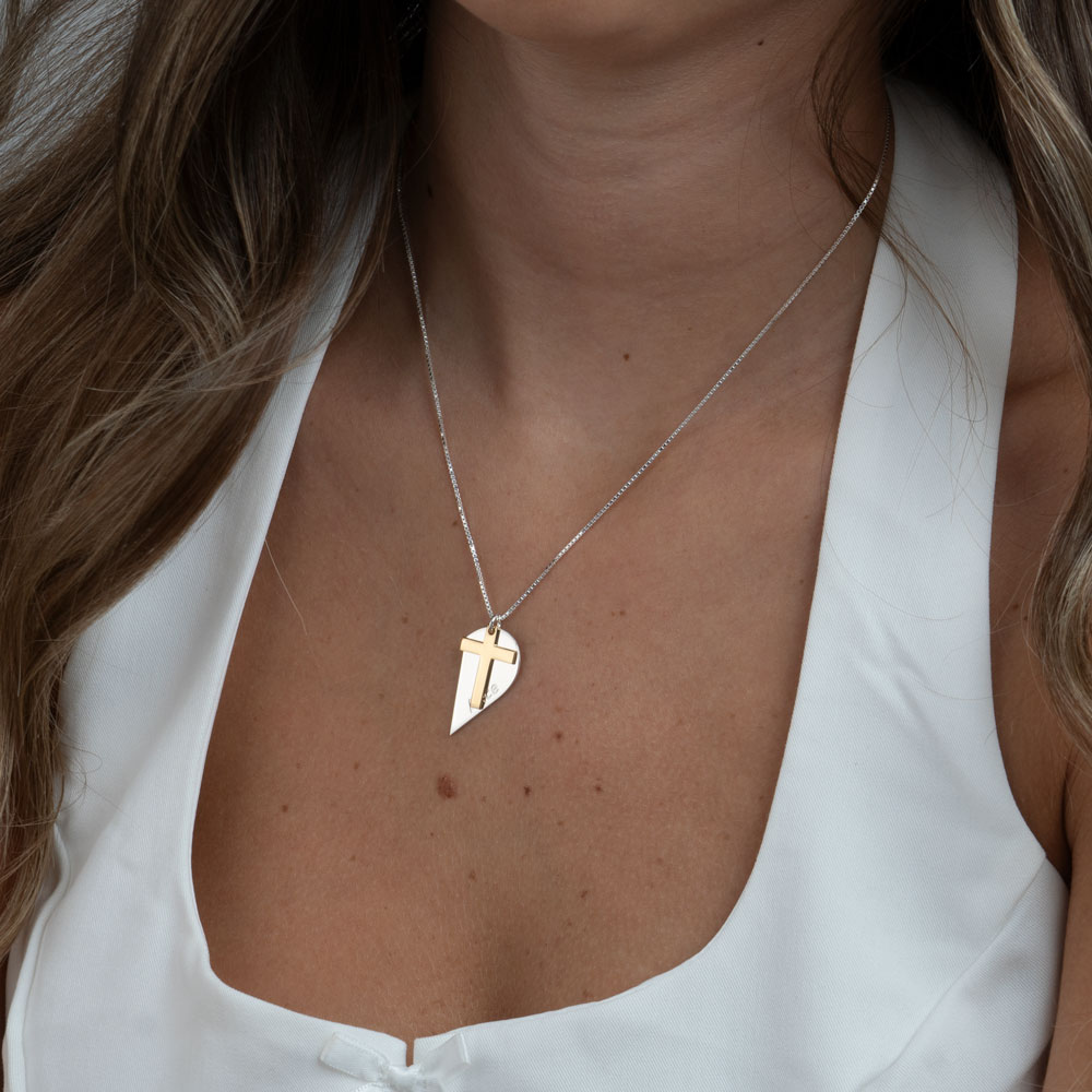 Two Tone Couples Heart Necklace with Cross