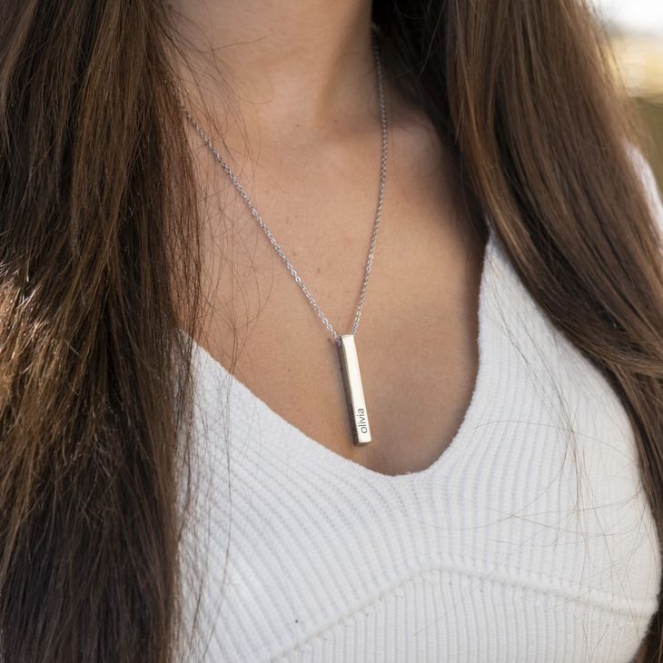 Matching Engraved 3D Bar Necklaces on a model 3