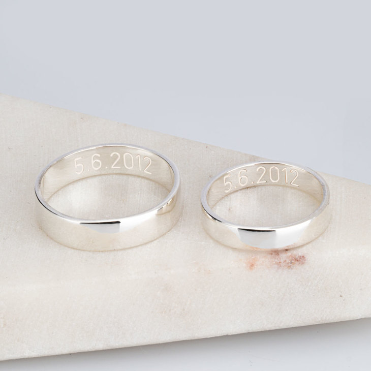 Pair Stainless Steel Silver Wedding Engagement Rings With Zirconia & Engraving