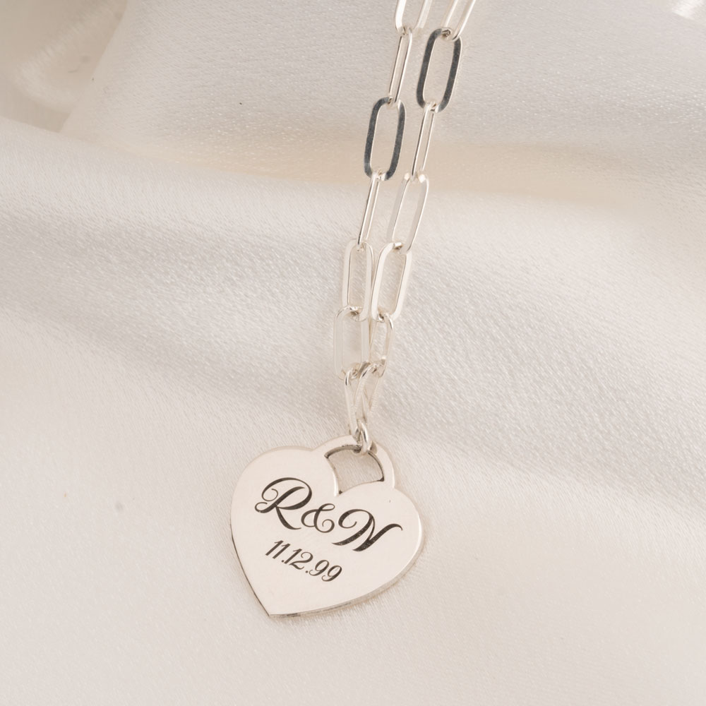 Engraved Heart Necklace with Paperclip Chain