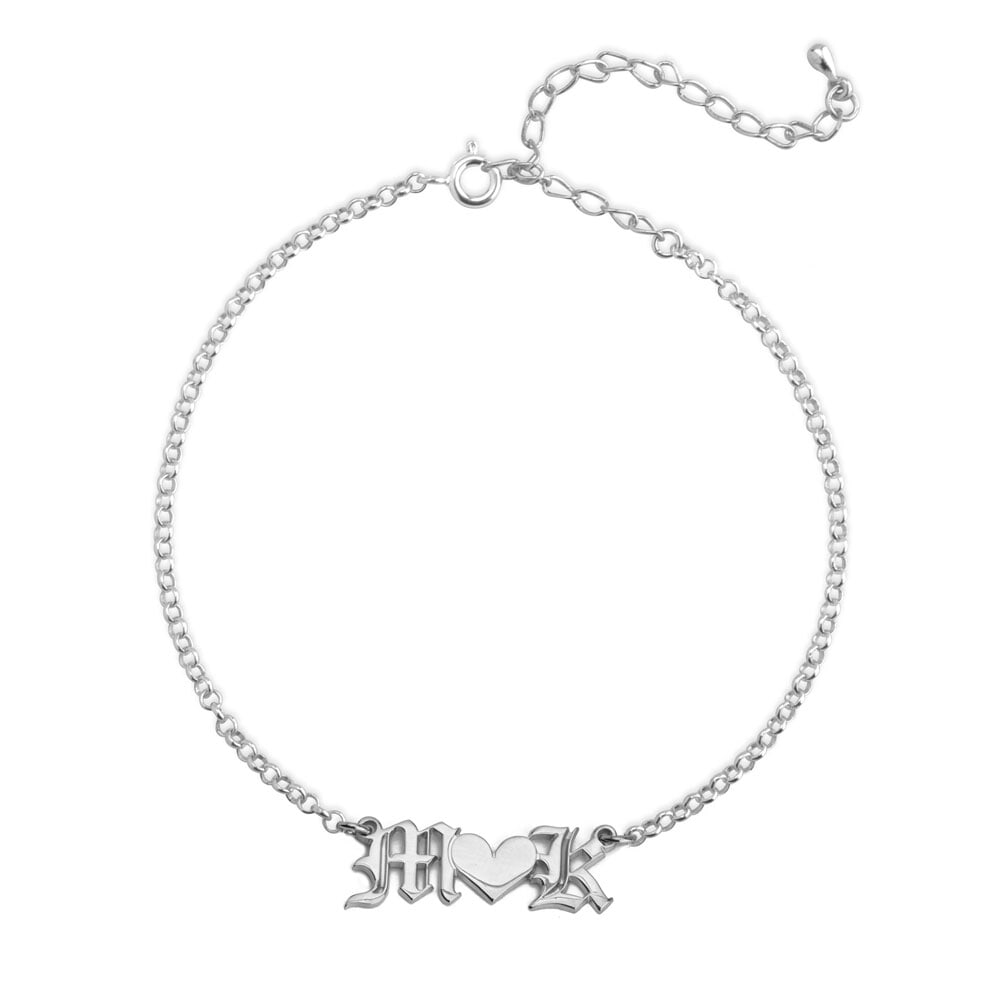 Two initial Heart Ankle Bracelet - Sterling Silver