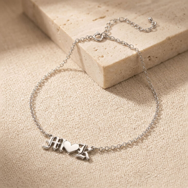 Two initial Heart Ankle Bracelet - Picture 3 - Sterling Silver