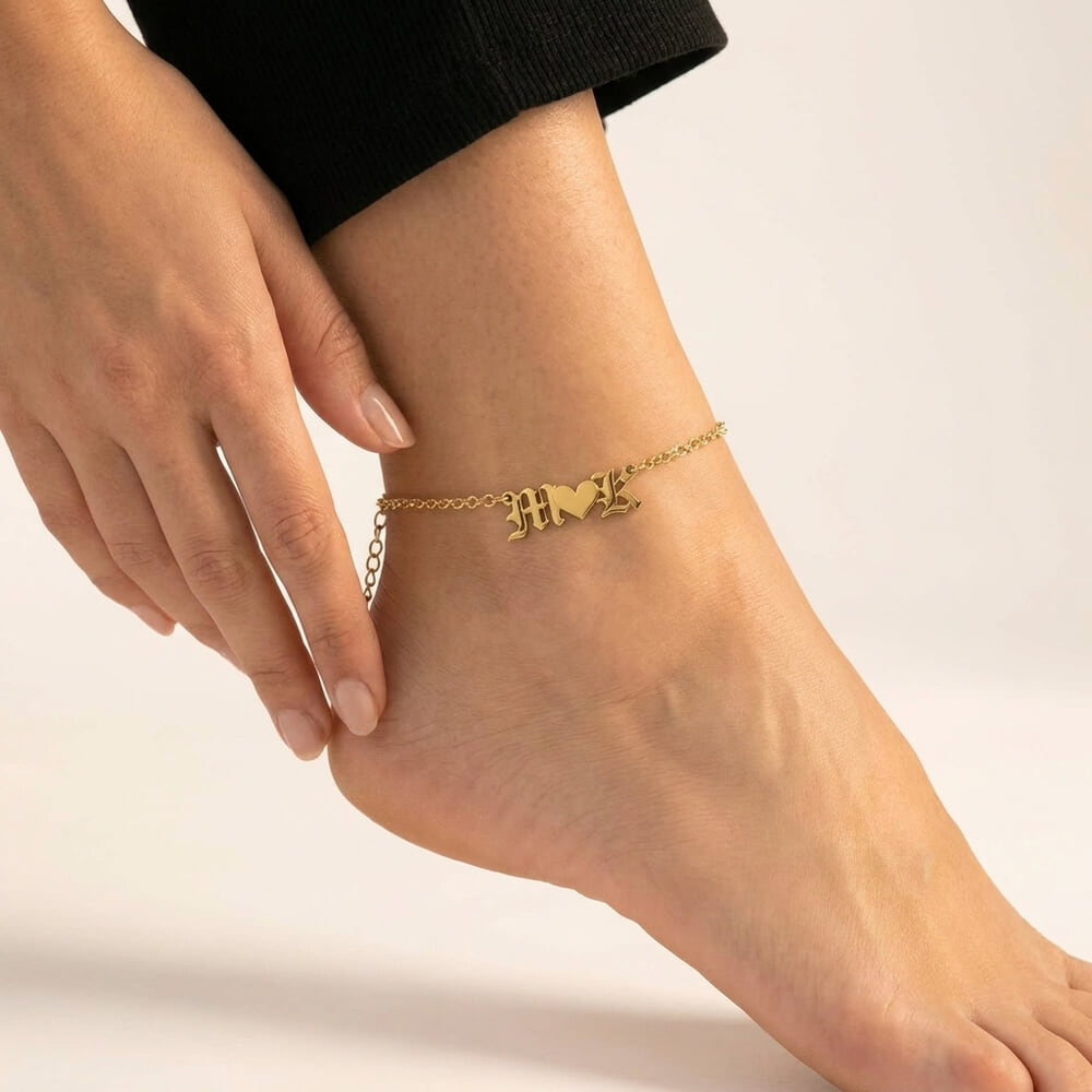 Two initial Heart Ankle Bracelet on a model - 2