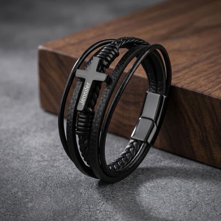 Leather Cross Bracelet for Men featuring a sleek silver cross on dark leather cords