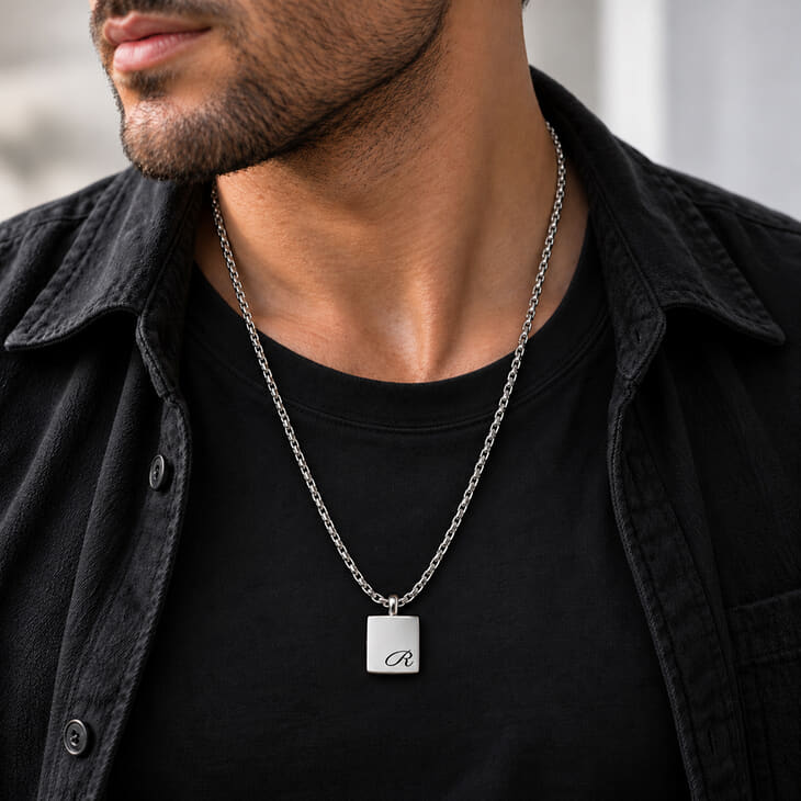 Silver URN necklace featuring a rectangular letter R pendant on a man