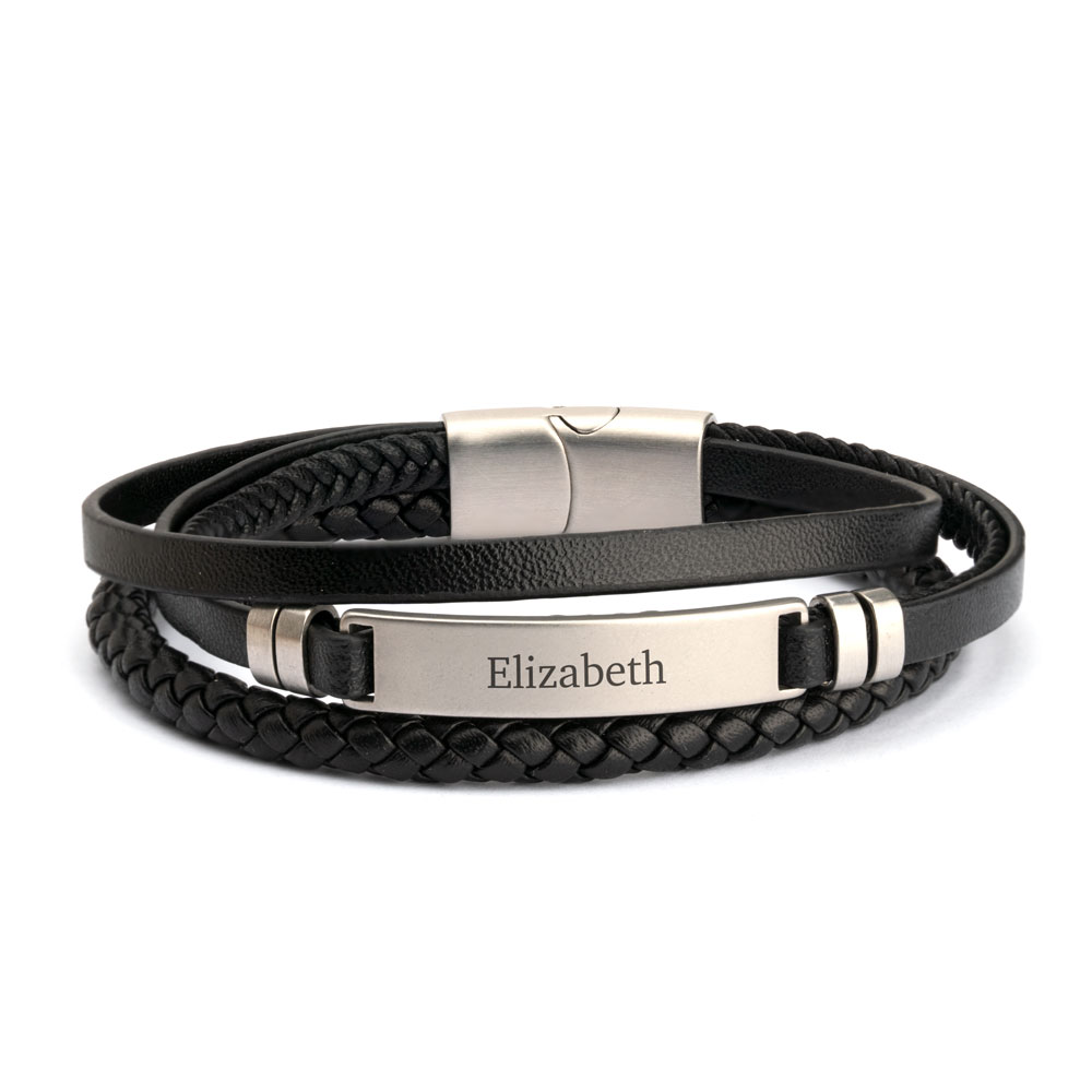 Doliphine Personalized Genuine Leather Cuff Bracelet For Men Women - Black Engravable Best Gift