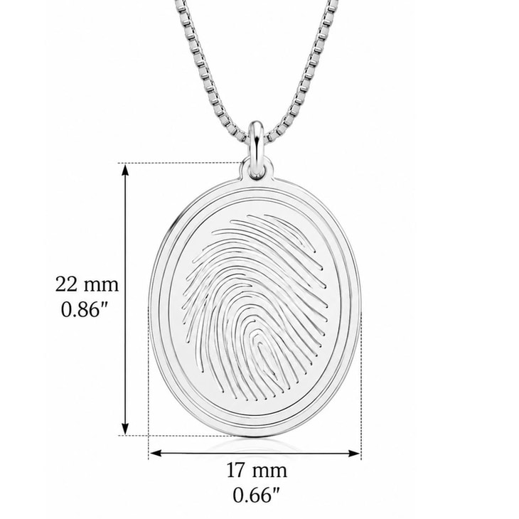 Close-up view of fingerprint pendant necklace showcasing intricate engraving details.