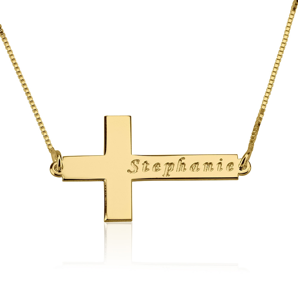 Collier Croix Horizontale avec Prénom en Plaqué Or