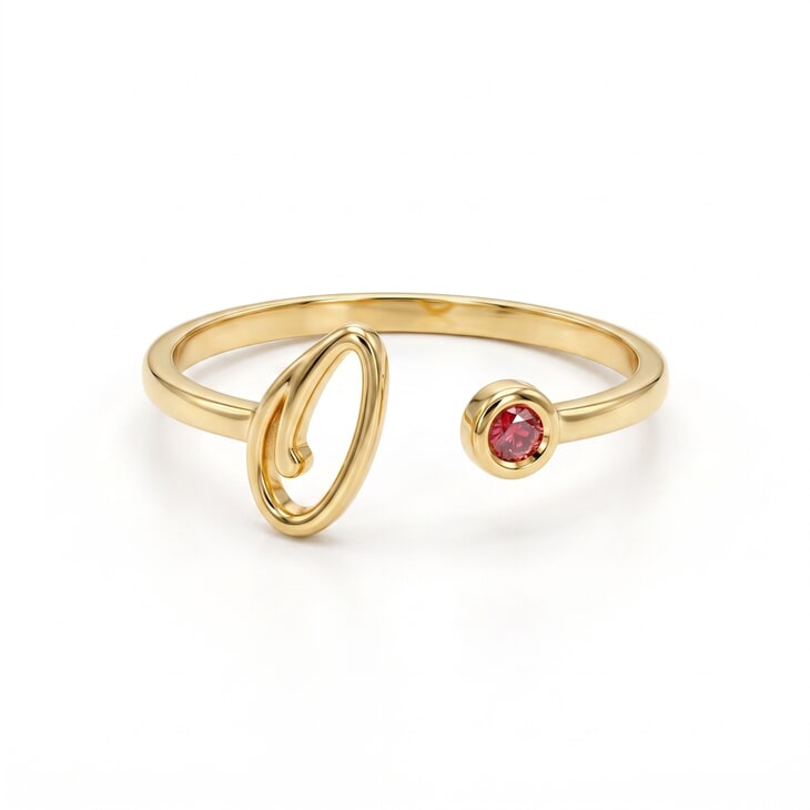 Gold cursive initial ring featuring a chic open design and birthstone