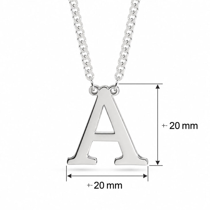 Image featuring the Cuban Initial Necklace with size specifications for the A pendant.