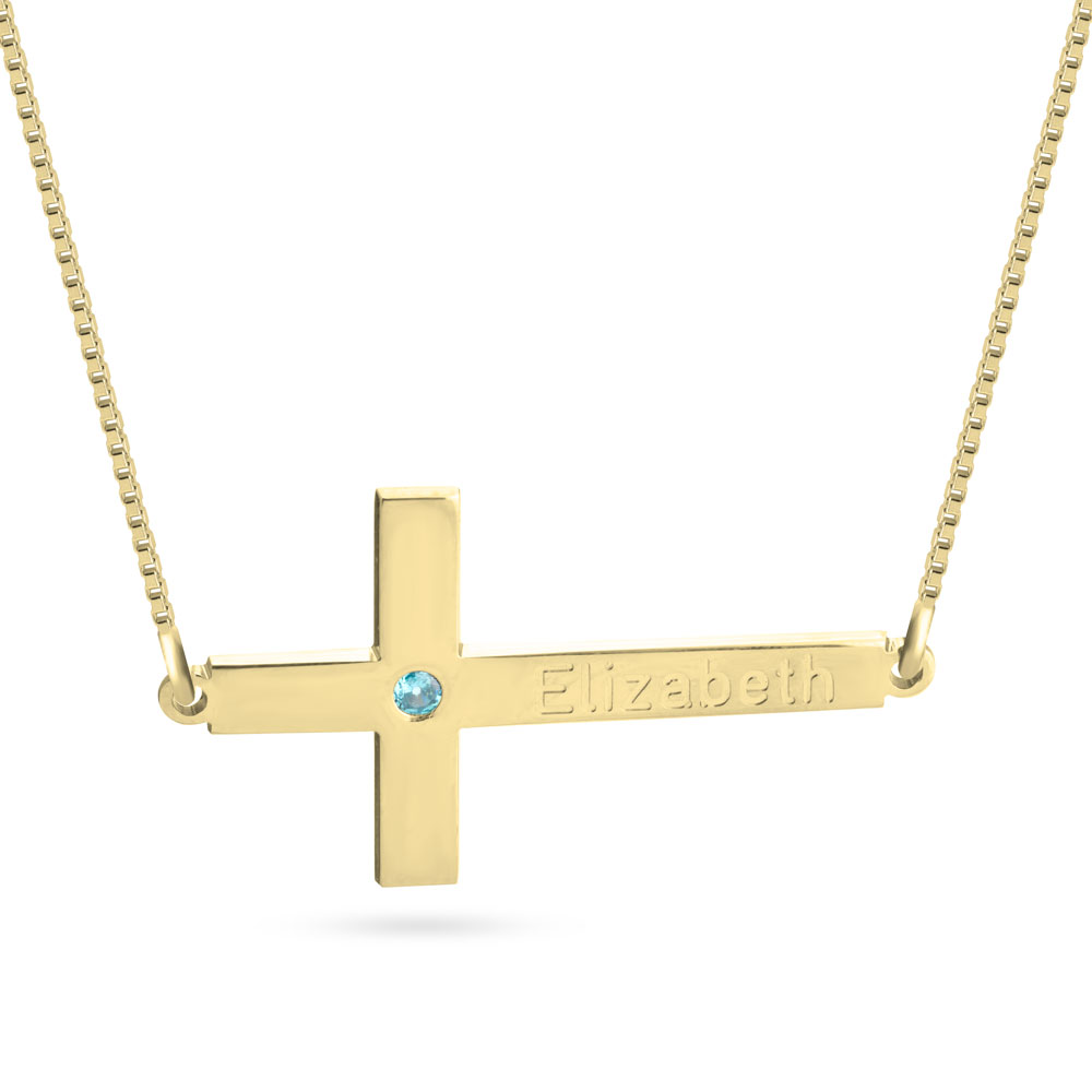 Engraved Cross Necklace With Birthstone