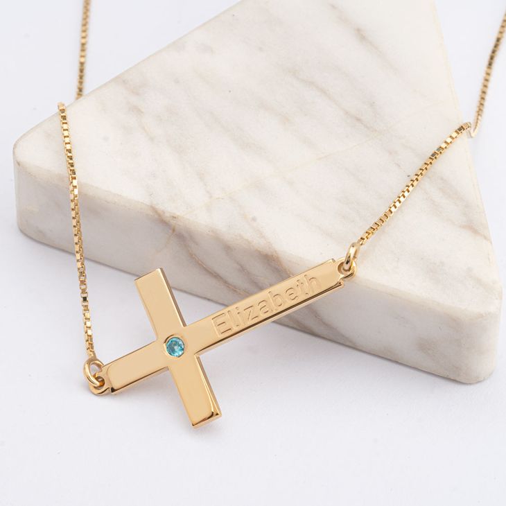 Engraved Cross Necklace With Birthstone information