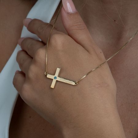 Engraved Cross Necklace With Birthstone