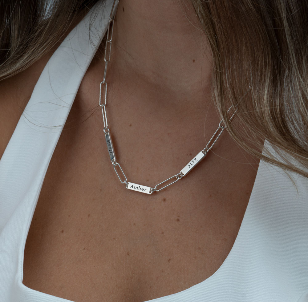 Multiple Engraved Bar Necklace - Paperclip chain