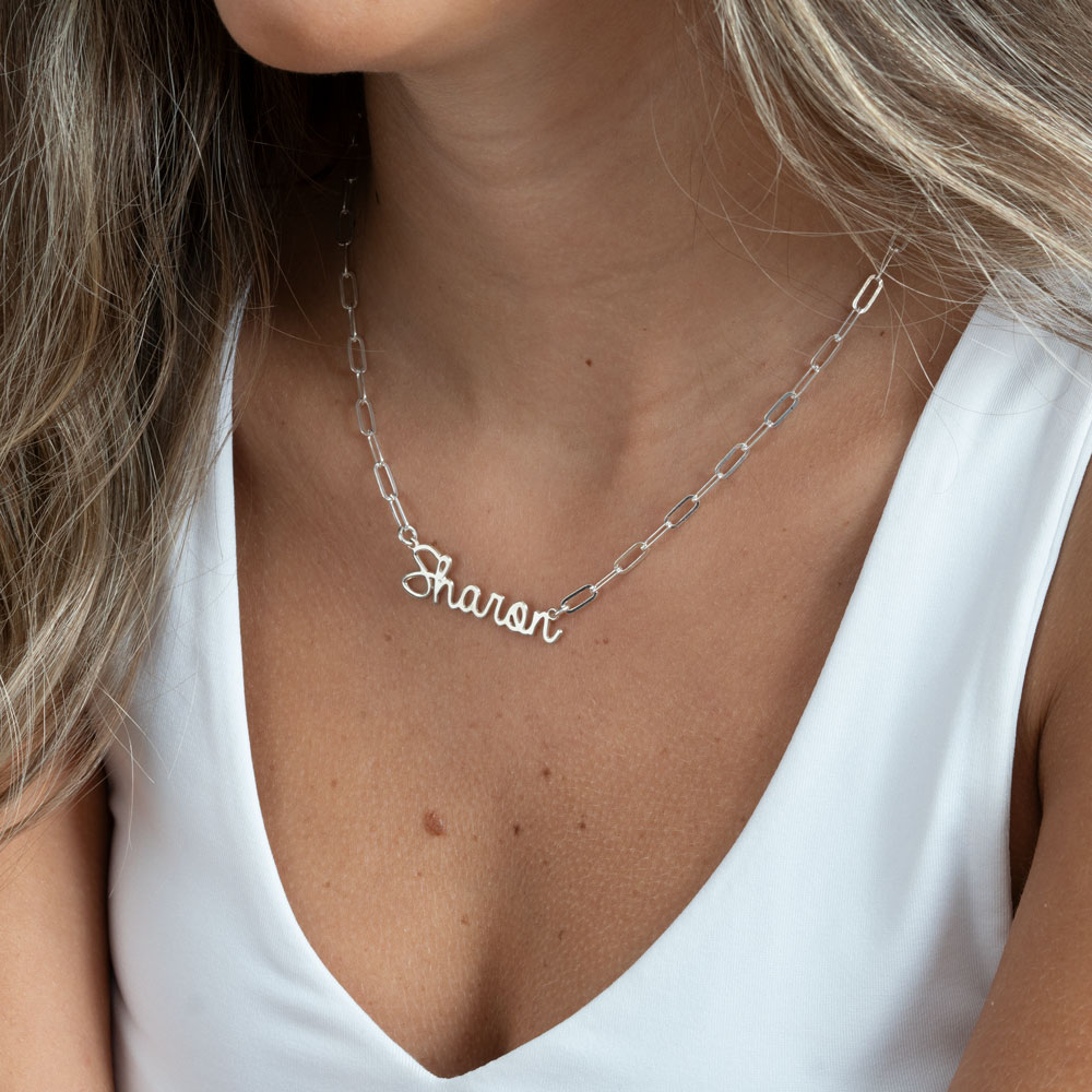Bold Cursive Name Necklace - Paperclip Chain