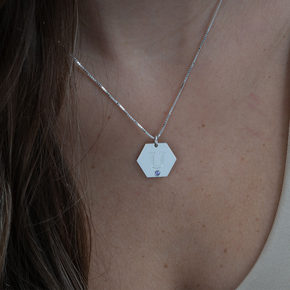 Initial Hexagon necklace with birthstone