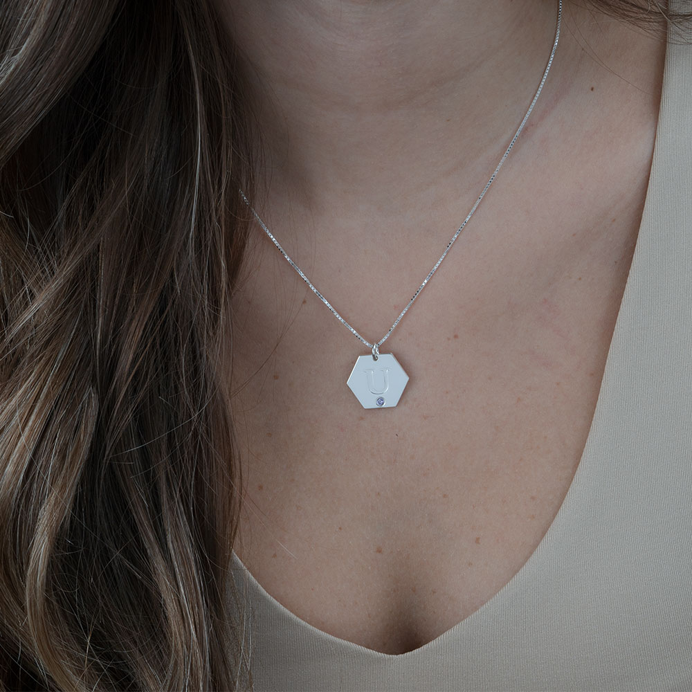 Initial Hexagon necklace with birthstone